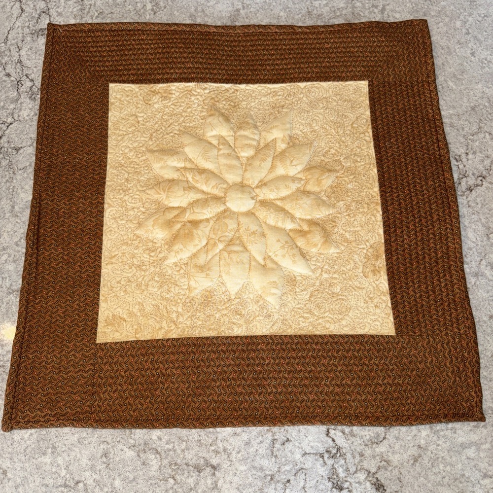 Quilted Placemat Centerpiece Pad Reversible Cottage Core 3D Flower Tan Brown 18"